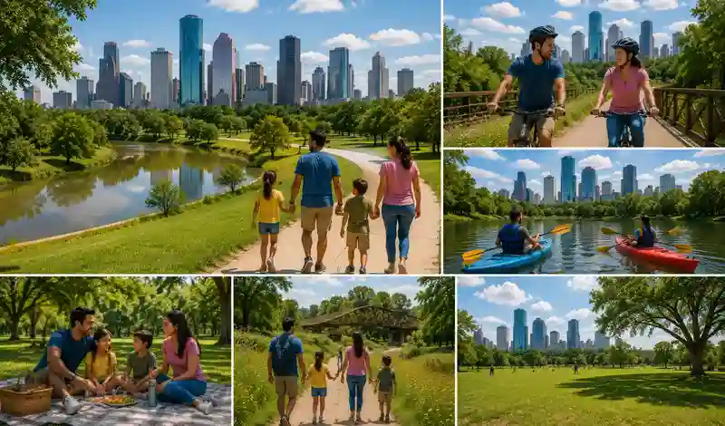 Visitors enjoying Houston's parks, trails, kayaking, biking, and picnics with scenic skyline views and outdoor recreation.
